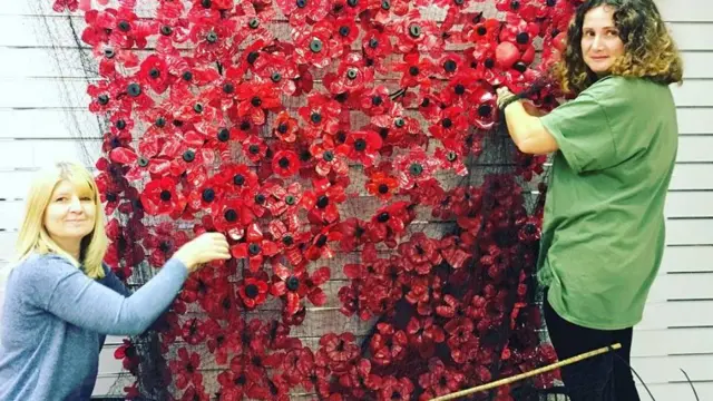 Plastic poppies on a net