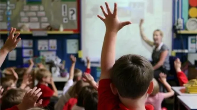 Child's hand in classroom