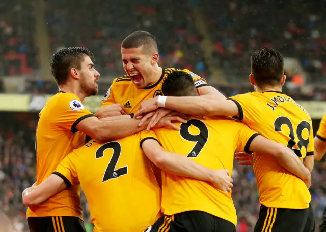 Wolves captain Conor Coady celebrates a goal with his team