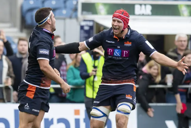 Edinburgh celebrate Stuart McInally's second-half try