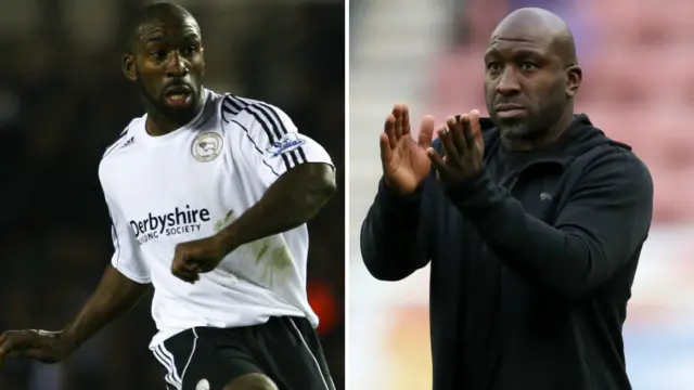 Darren Moore in Derby kit as a player, and now as Baggies boss