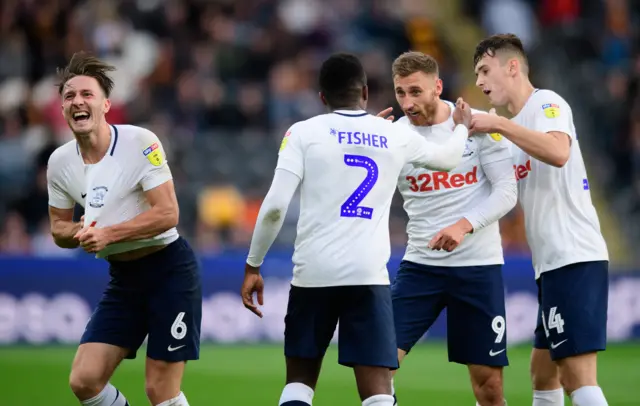 Preston North End celebrate Louis Moult's goal against Hull