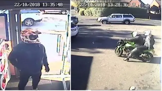 The men wearing bike helmets and carrying weapons