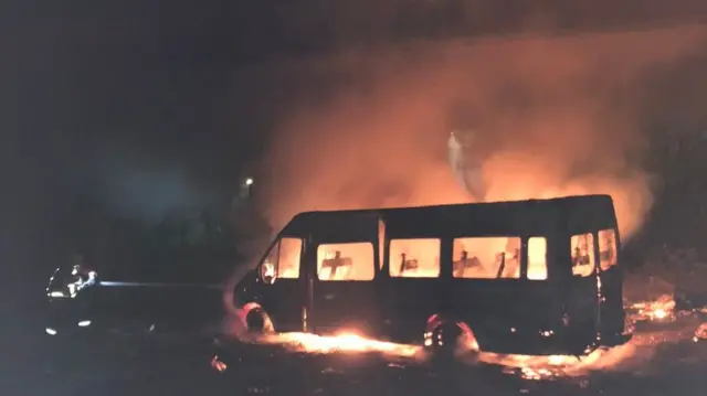 Minibus on fire