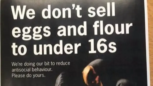 A poster highlighting shops that won't be selling eggs and flour