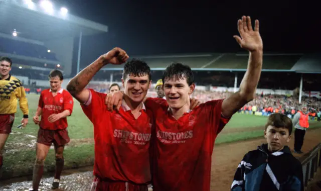 Roy Keane and Lee Glover celebrate after Forest dump Spurs out of the Rumbelows Cup semis