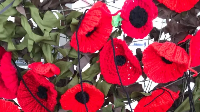 Knitted poppies in Mansfield, Nottinghamshire