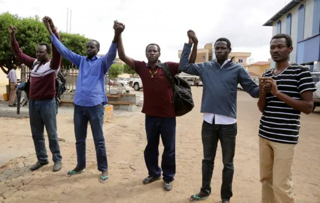 South Sudanese political detainees and prisoners of war pose for a photograph after walking out of prison in Juba, South Sudan October 25, 2018.