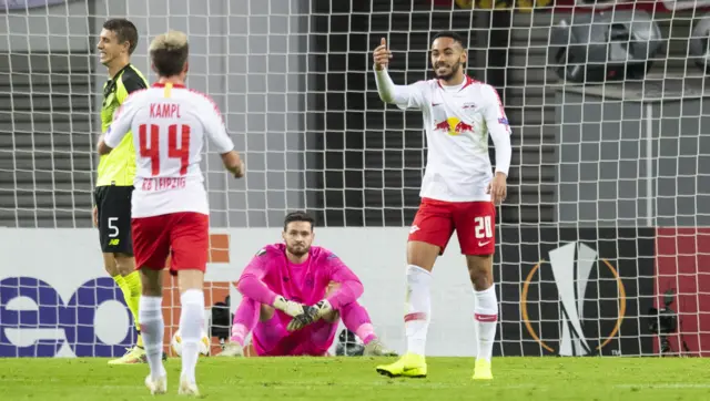 Matheus Cunha celebrates his opening goal for RB Leipzig