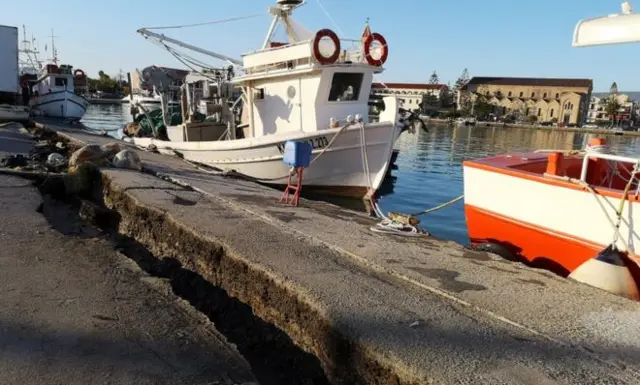 The quake left a big crack on the jetty of the port at Zakynthos