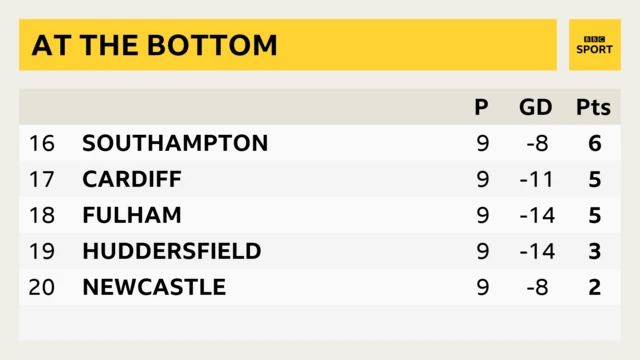 Southampton followed by Cardiff, Fulham, Huddersfield and Newcastle make up the Premier League's bottom five