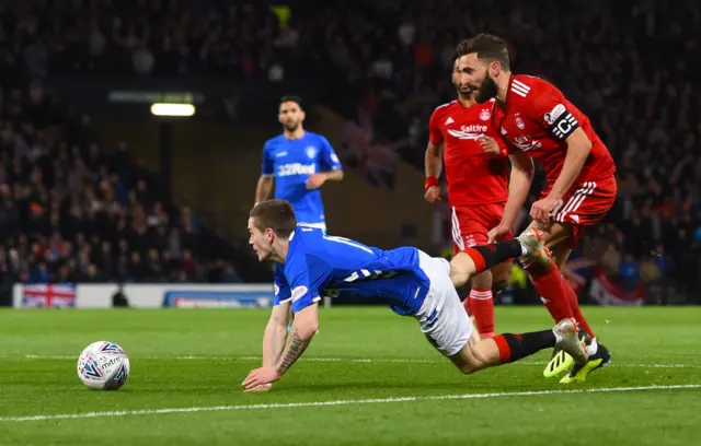 Ryan Kent goes down under a challenge from Graeme Shinnie