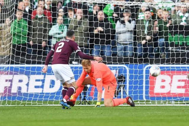 Hearts goalkeeper Zdenek Zlamal makes a mistake at Celtic's second goal