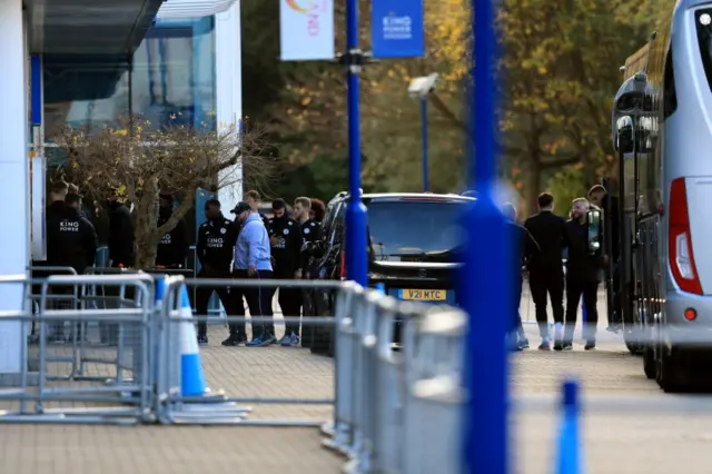 Leicester City players arrive at the King Power Stadium