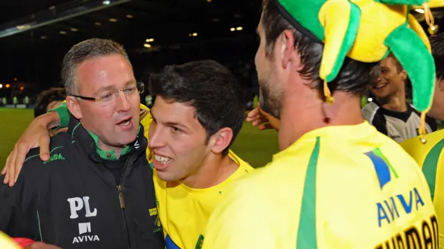 Paul Lambert celebrates promotion with Norwich