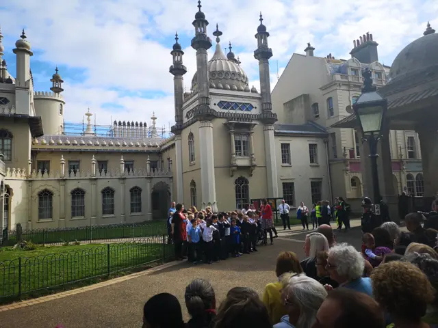 Schoolchildren gather in Brighton