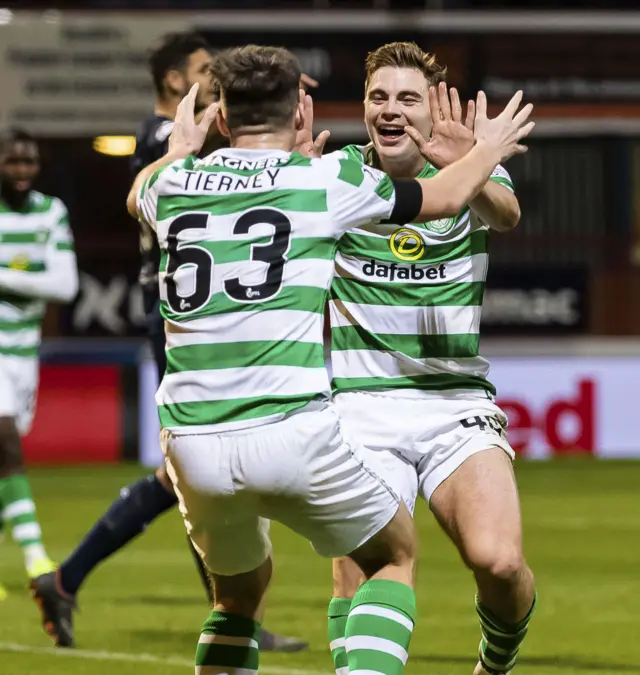 Kieran Tierney and James Forrest celebrate the latter's goal for Celtic