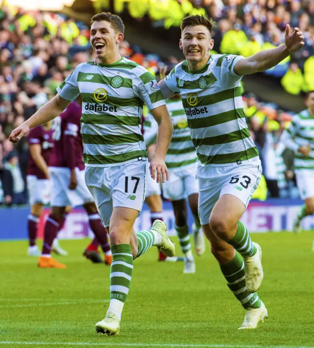 Ryan Christie and Kieran Tierney celebrate a Celtic goal