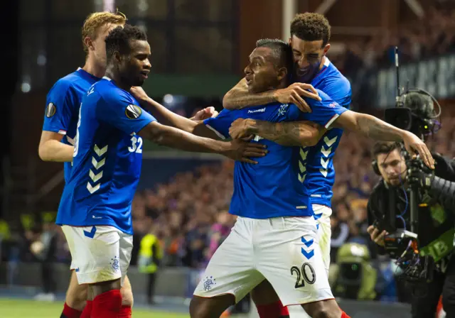 Alfredo Morelos celebrates the first of his two goals at Ibrox