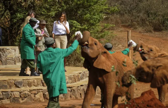 Melania Trump watching an elephant being fed