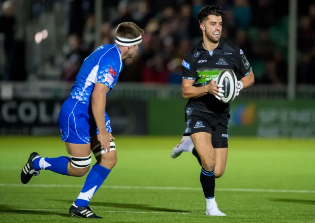 Adam Hastings (right) in action for Glasgow against Dragons