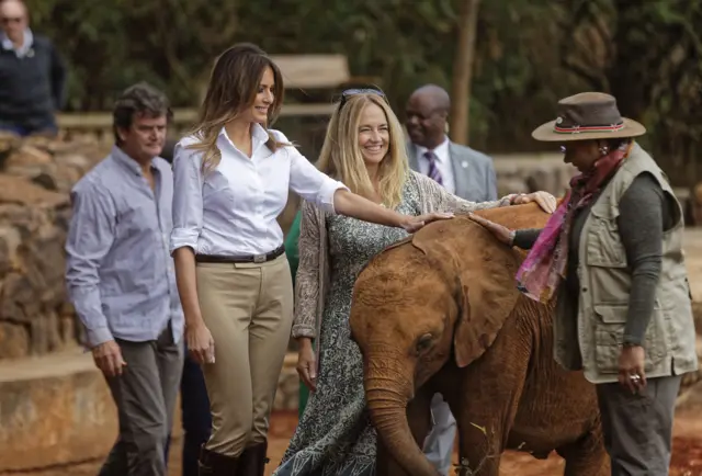 Melania Trump strokes an elephant