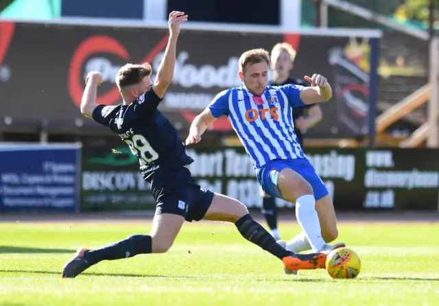 Kilmarnock's Greg Stewart (right) is challenged by Lewis Spence of Dundee