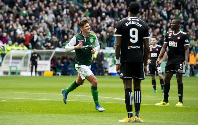 Emerson Hyndman celebrates his first goal for Hibs