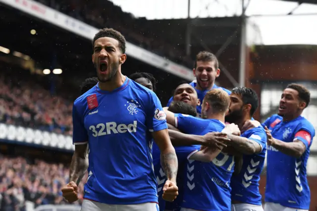 Rangers' Connor Goldson (left) celebrates Ryan Kent's opening goal.