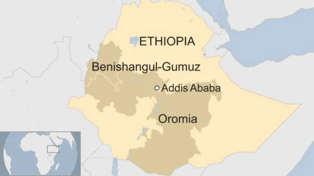 A map showing the area in western Ethiopia from which tens of thousands of people have been displaced