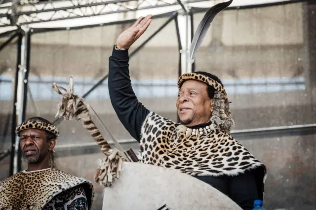 Zulu King Goodwill Zwelithini greets his supporters at The Moses Mabhida Football Stadium in Durban on 7 October 2018.