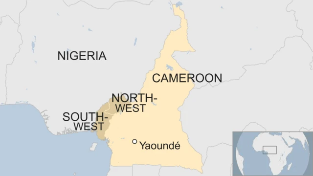 A map showing the location of the North-West and South-West regions of Cameroon in relation to the capital