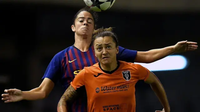 Glasgow City and Barcelona players contest a ball in the first leg