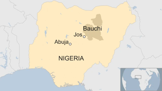 A map of Nigeria showing the locations of Bauchi state, Jos and Abuja.