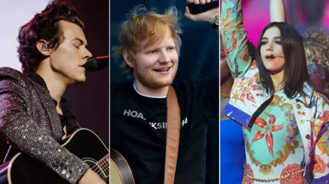 L-R: Harry Styles, Ed Sheeran, Dua Lipa,