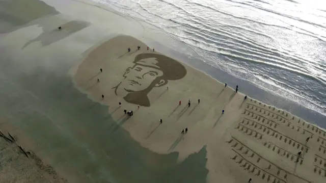 John McCance, a soldier from the local area who died at Passchendaele, is seen from above, the image taken from a drone flying over the east Northern Ireland coast at Murlough Beach.