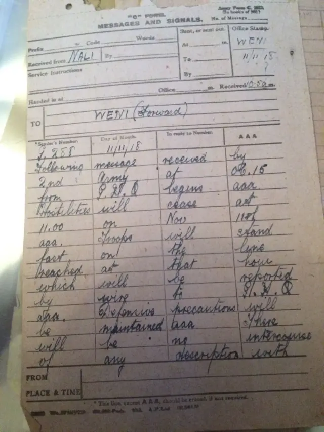 A telegram written by Ted Groves in 1918 announcing the Armistice