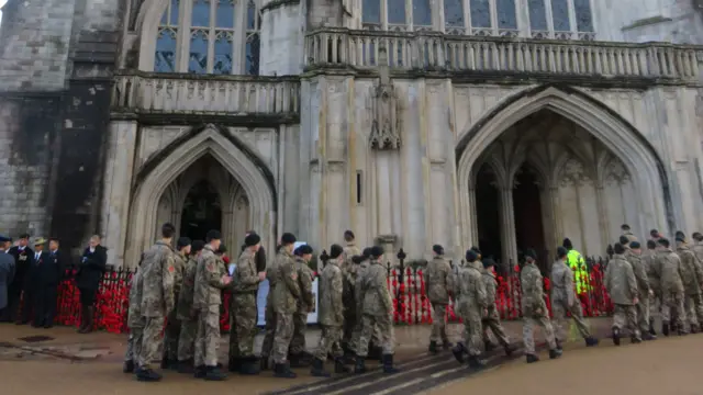 Cadets queuing to enter Winchester Cathedral on 11 November 2018