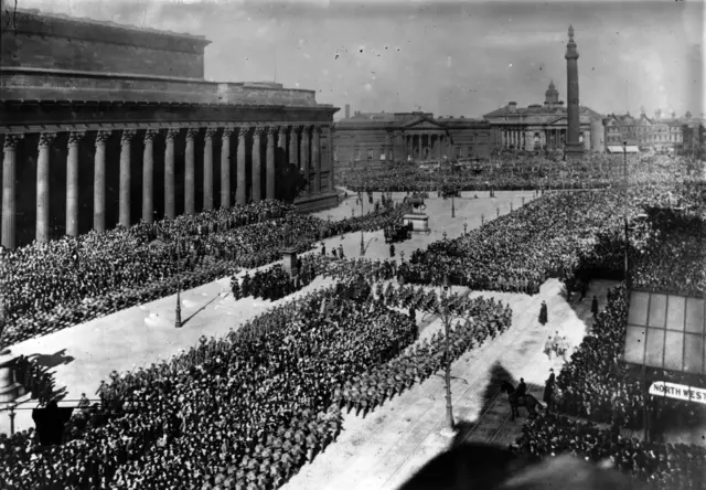 The parade of various sections of the New Army of 12,000 men, recruited in Liverpool, south Lancashire and West Cheshire, opposite St George's Hall