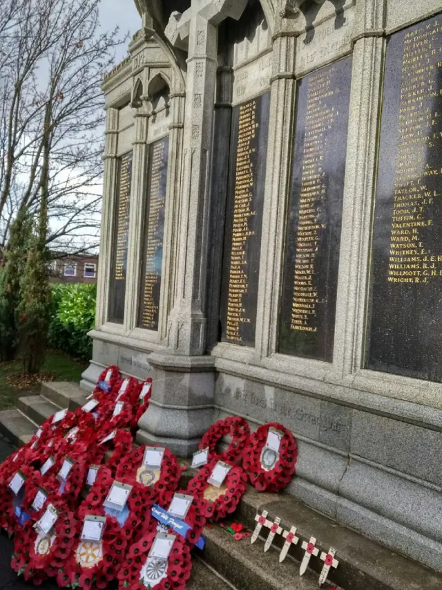 Poppy wreaths at the cenotaph in Leyland