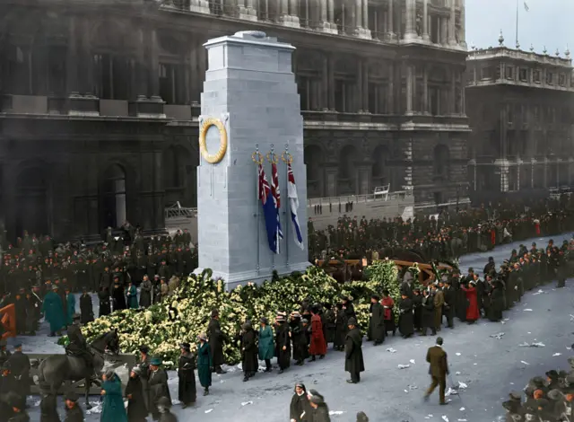 Colourised photo of the Cenotaph in 1920