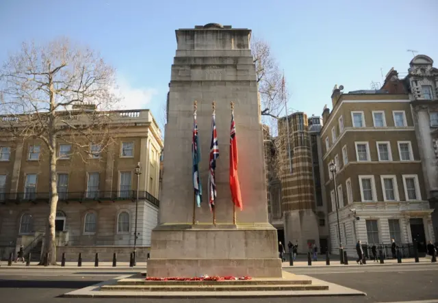 Wreaths lay at the foot of the Cenotaph