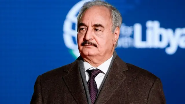 Self-proclaimed Libyan National Army (LNA) Chief of Staff, Khalifa Haftar arrives for a conference on Libya