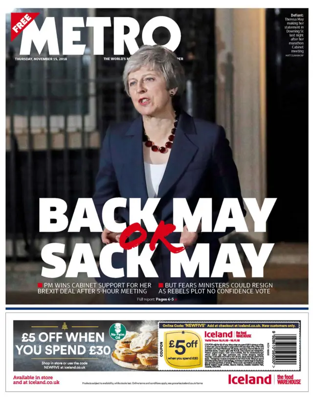 Metro front page, 15/11/18