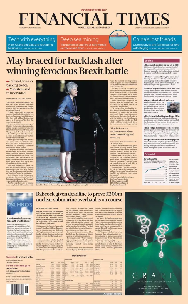 Financial Times front page, 15/11/18