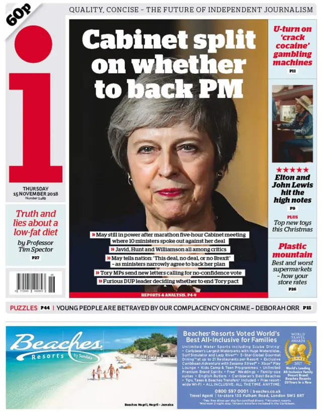 The i newspaper front page, 15/11/18