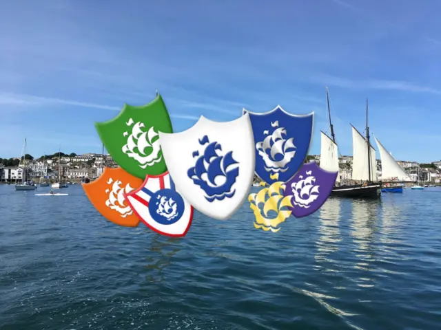 Blue Peter badges over Falmouth harbour