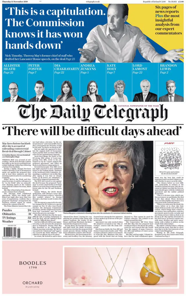 Daily Telegraph front page, 15/11/18