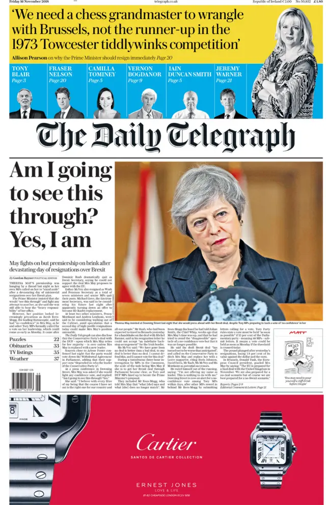 The Telegraph Friday front page