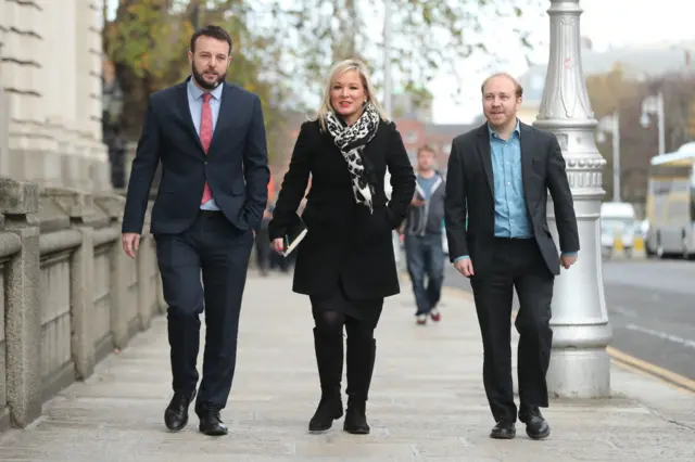 SDLP Leader Colm Eastwood, Sinn Fein Deputy Leader Michelle O"Neill and Northern Ireland Green Party Leader Steven Agnew